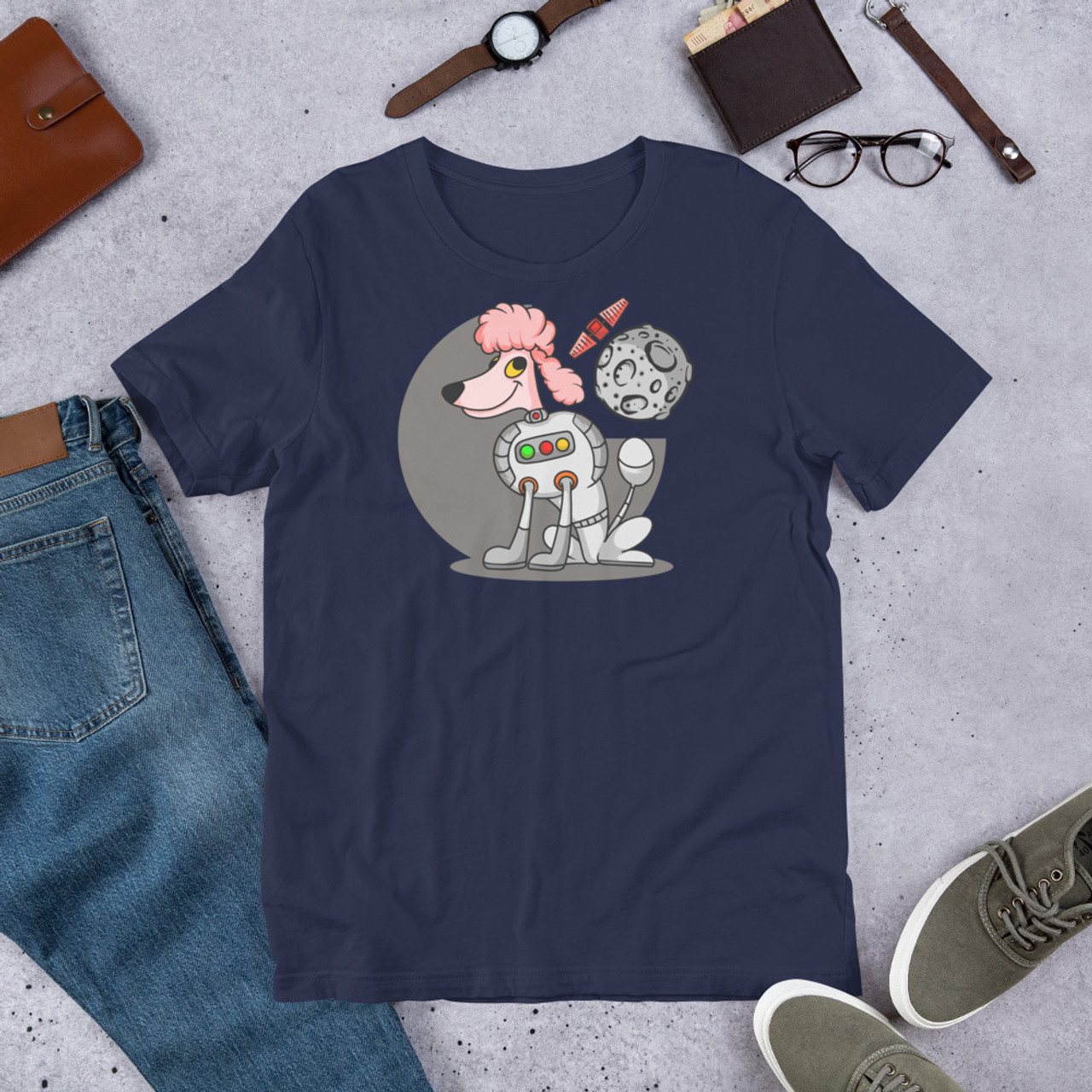 Navy T-Shirt - Bella + Canvas 3001 Pink Space Poodle