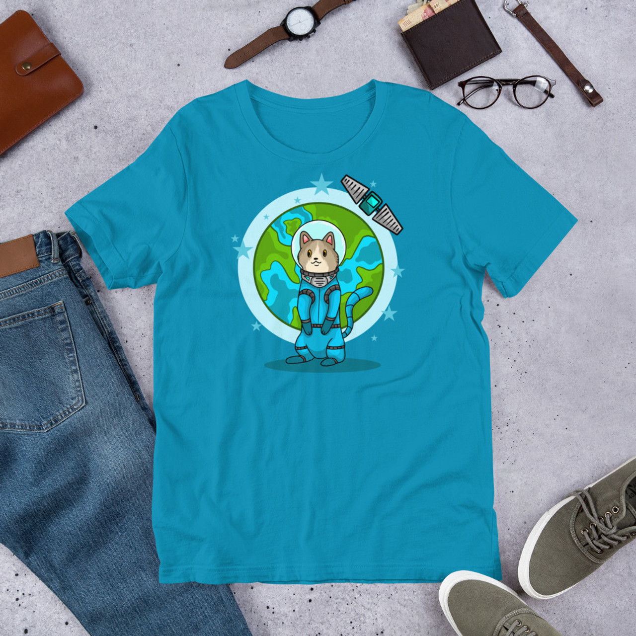 Aqua T-Shirt - Bella + Canvas 3001 Planet Astro Cat