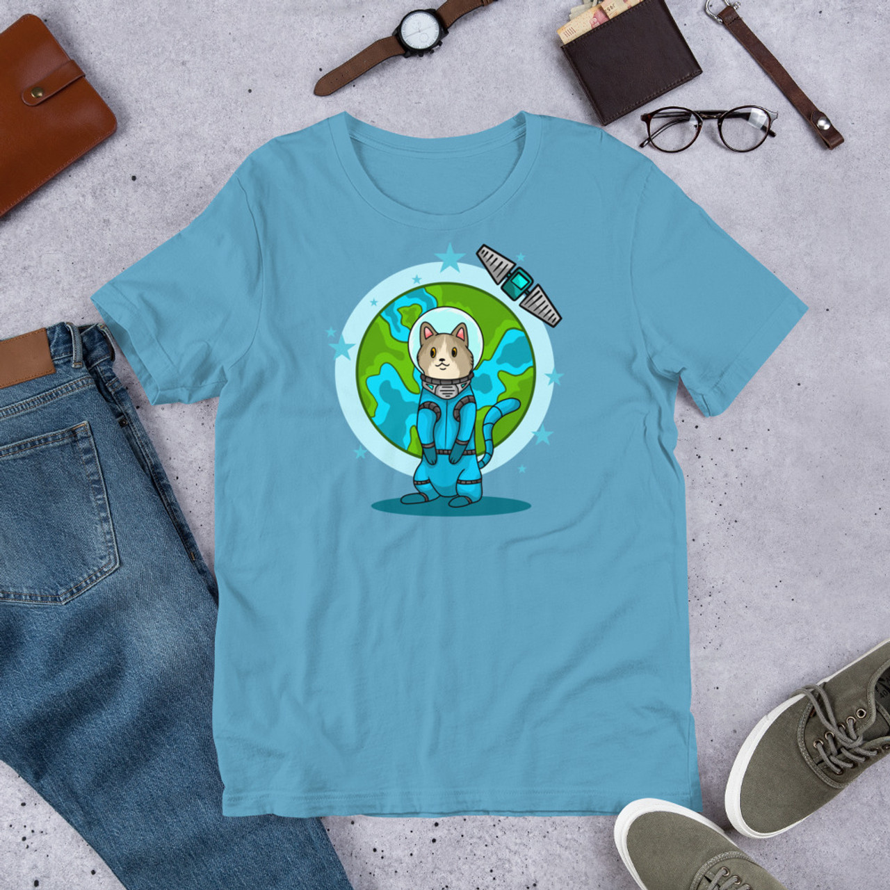 Ocean Blue T-Shirt - Bella + Canvas 3001 Planet Astro Cat