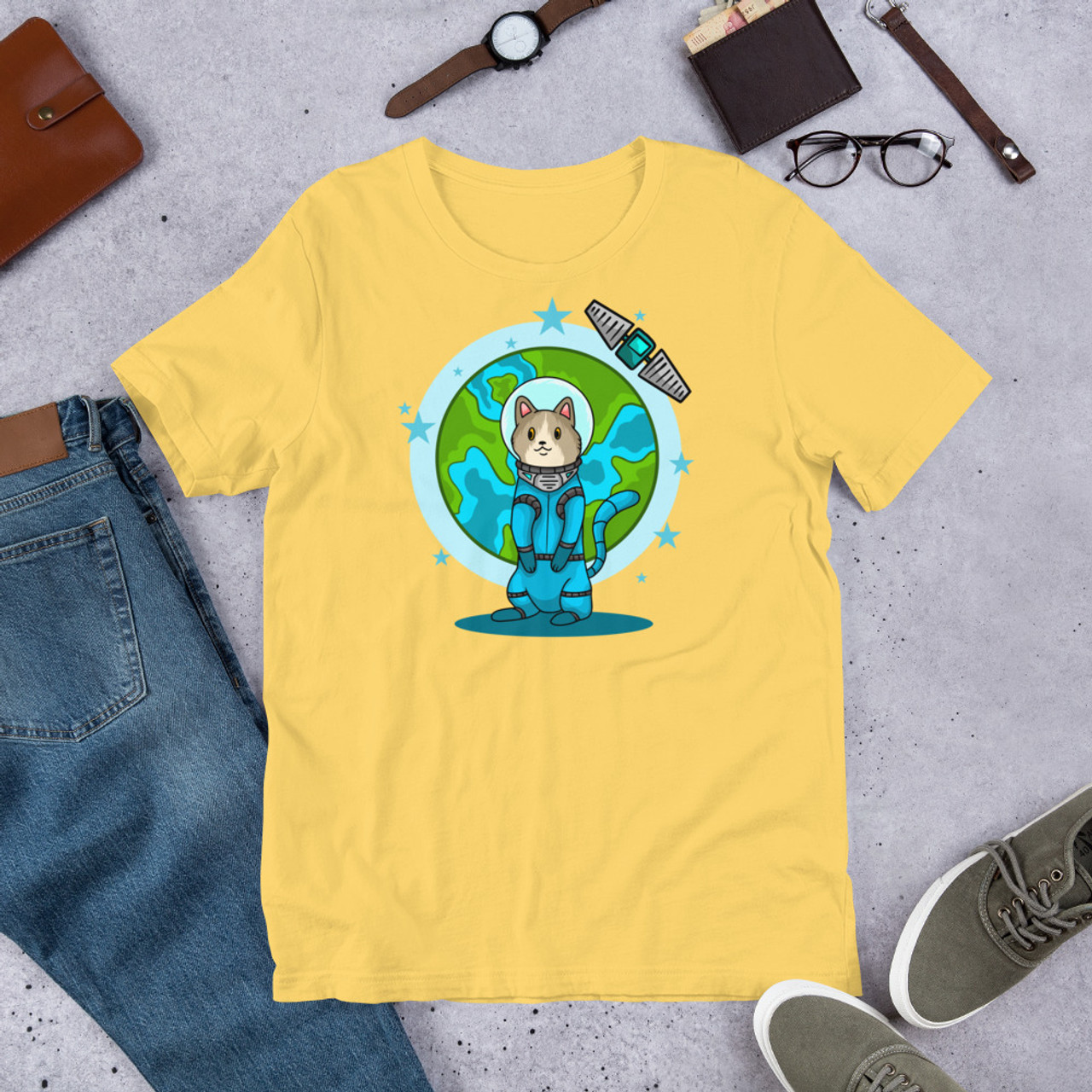 Yellow T-Shirt - Bella + Canvas 3001 Planet Astro Cat