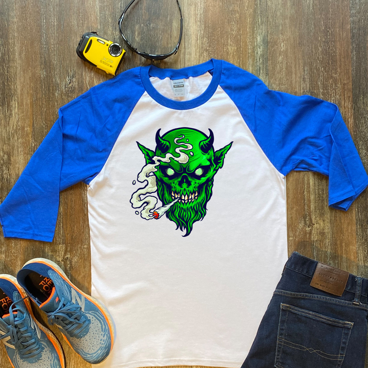 Blue Unisex 3/4 Sleeve Raglan Shirt Gildan 5700 Smokin Devil Blue Unisex 3/4 Sleeve Raglan Shirt Gildan 5700 Smokin Devil