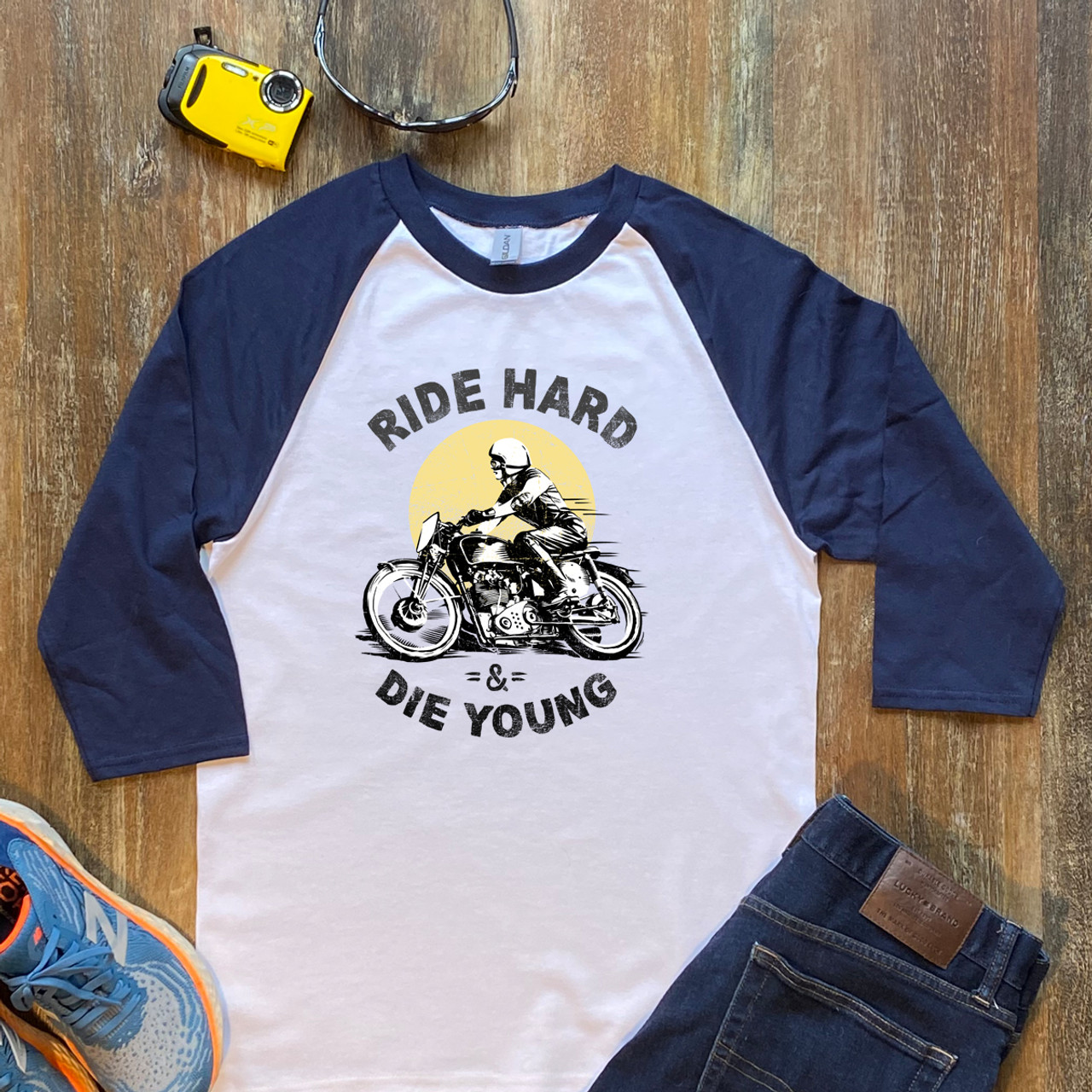 Navy Unisex 3/4 Sleeve Raglan Shirt Gildan 5700 Ride Hard and Die Young