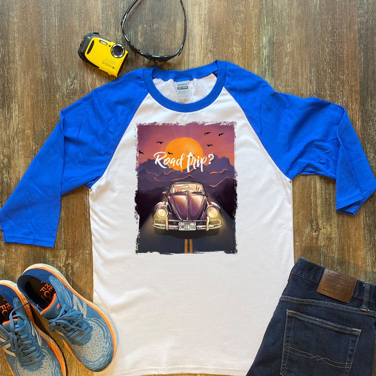 Blue Sunset Road Trip Unisex 3/4 Sleeve Raglan Shirt Gildan 5700