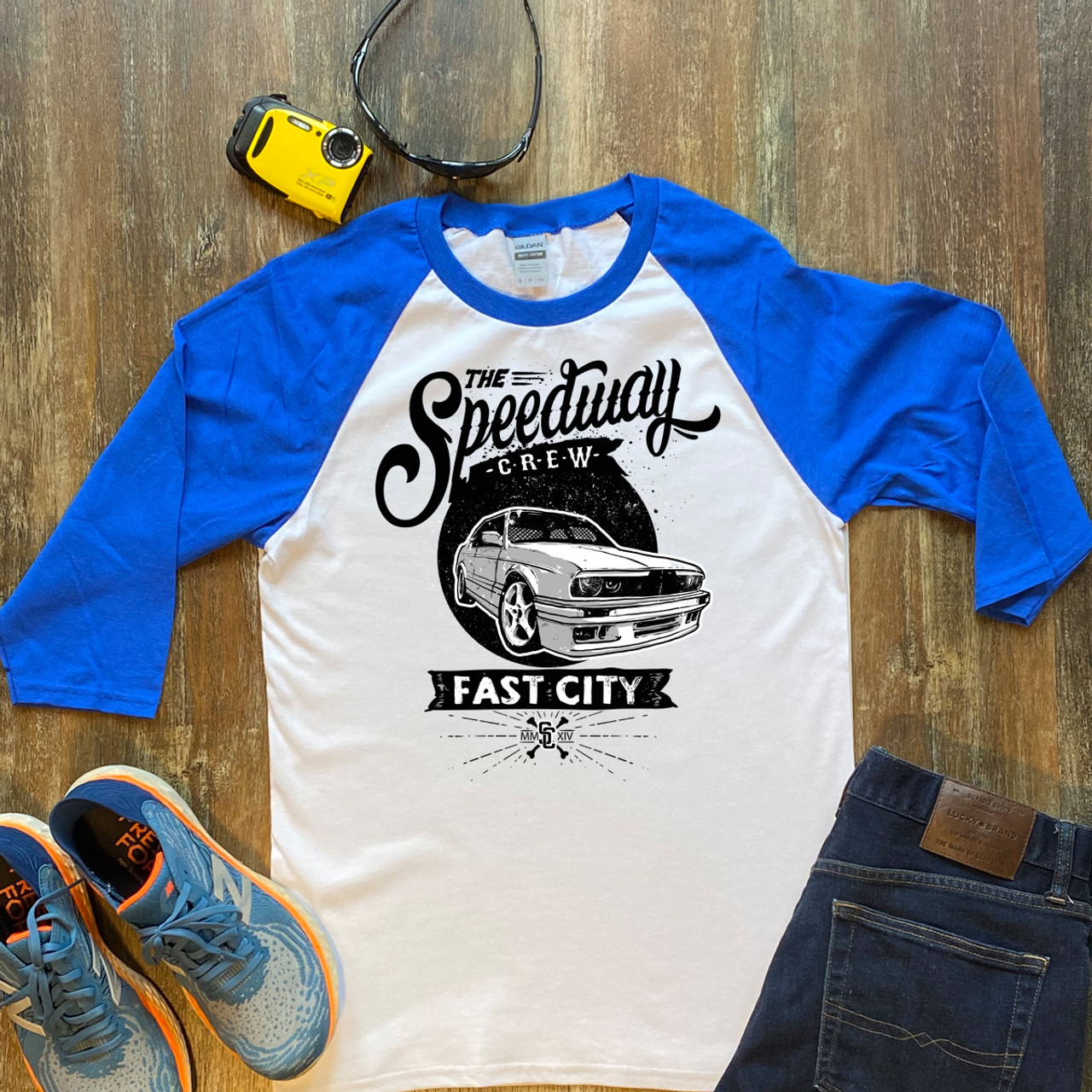 Blue The Speedway Crew Unisex 3/4 Sleeve Raglan Shirt Gildan 5700