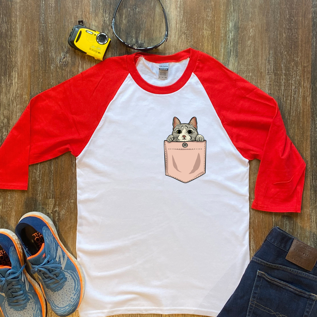 Red Cute Pocket Kitten Unisex 3/4 Sleeve Raglan Shirt Gildan 5700