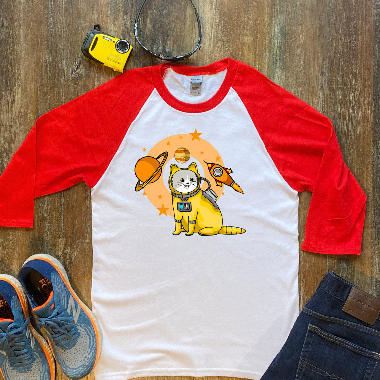 Red Planet Confusion Cat Unisex 3/4 Sleeve Raglan Shirt Gildan 5700