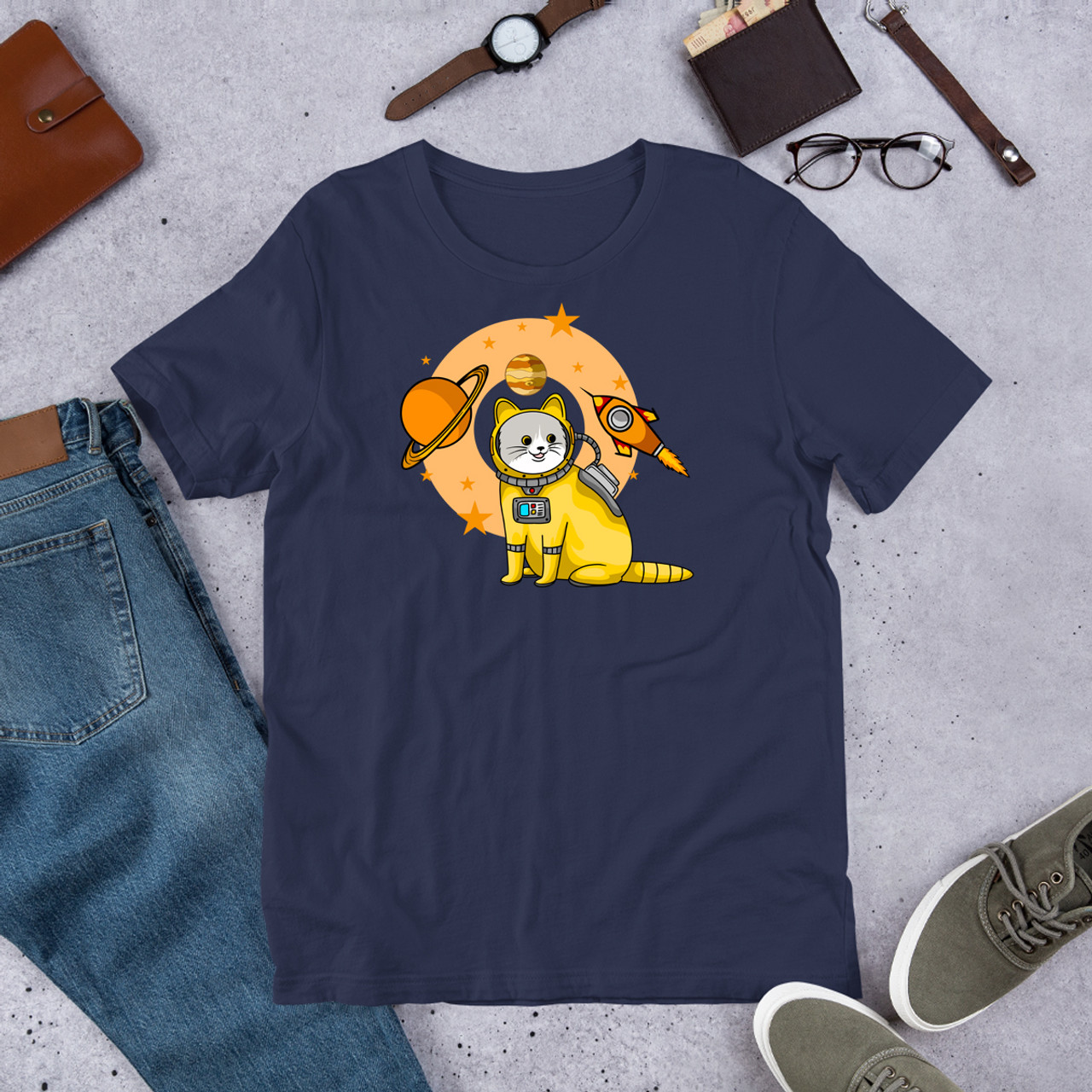 Navy Planet Confusion Cat Unisex Staple T-Shirt - Bella + Canvas 3001