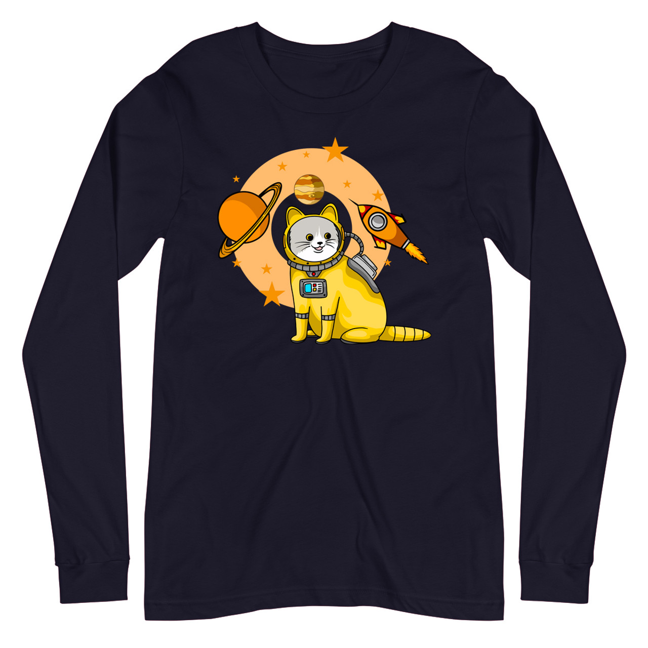 Navy Planet Confusion Cat Unisex Long Sleeve Tee - Bella + Canvas 3501