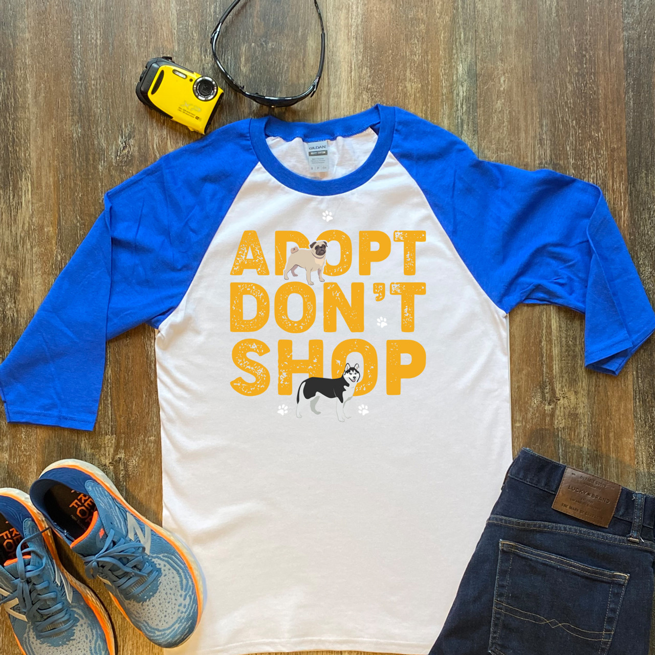 Blue Adopt Don't Shop Unisex 3/4 Sleeve Raglan Shirt Gildan 5700