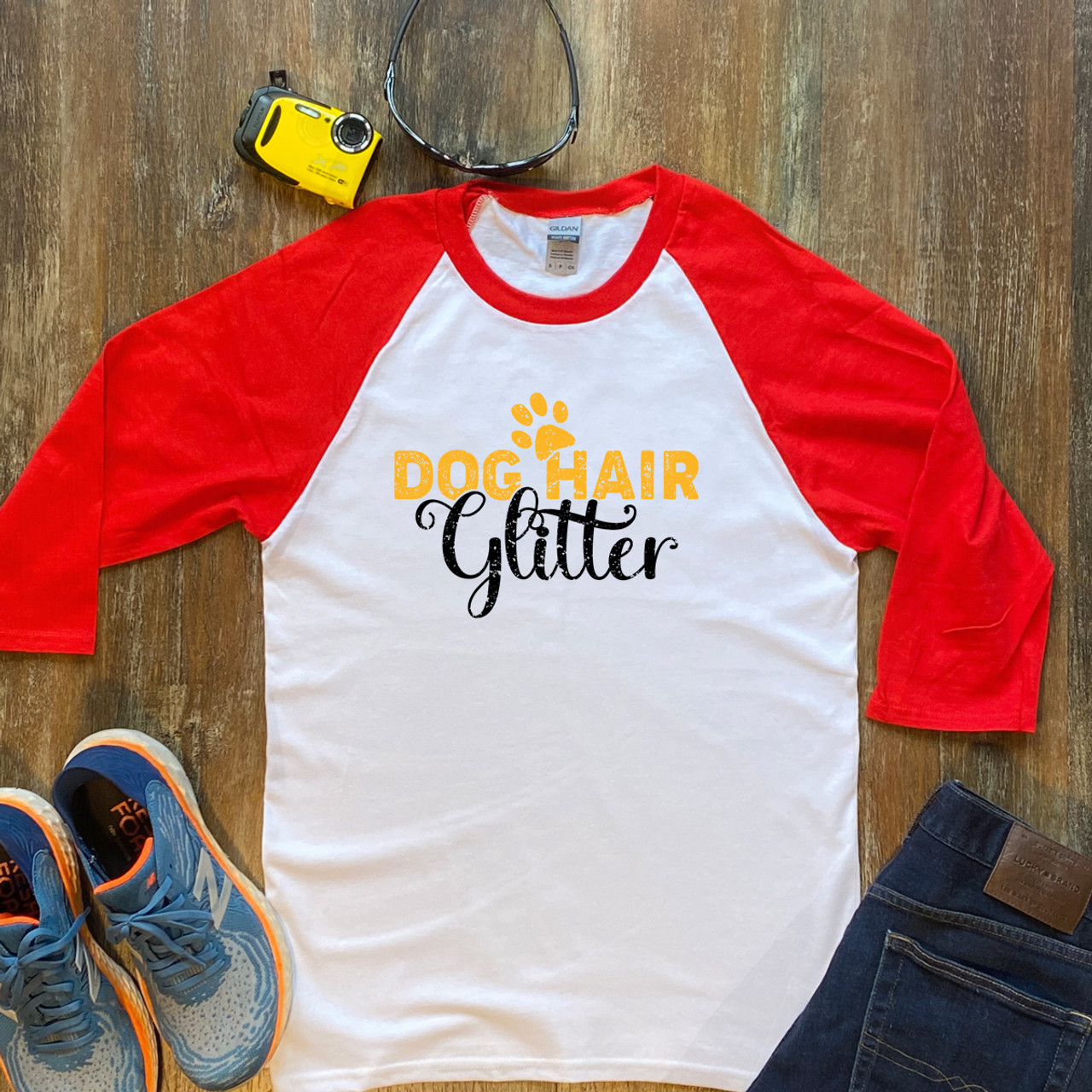 Red Dog Hair Glitter Unisex 3/4 Sleeve Raglan Shirt Gildan 5700