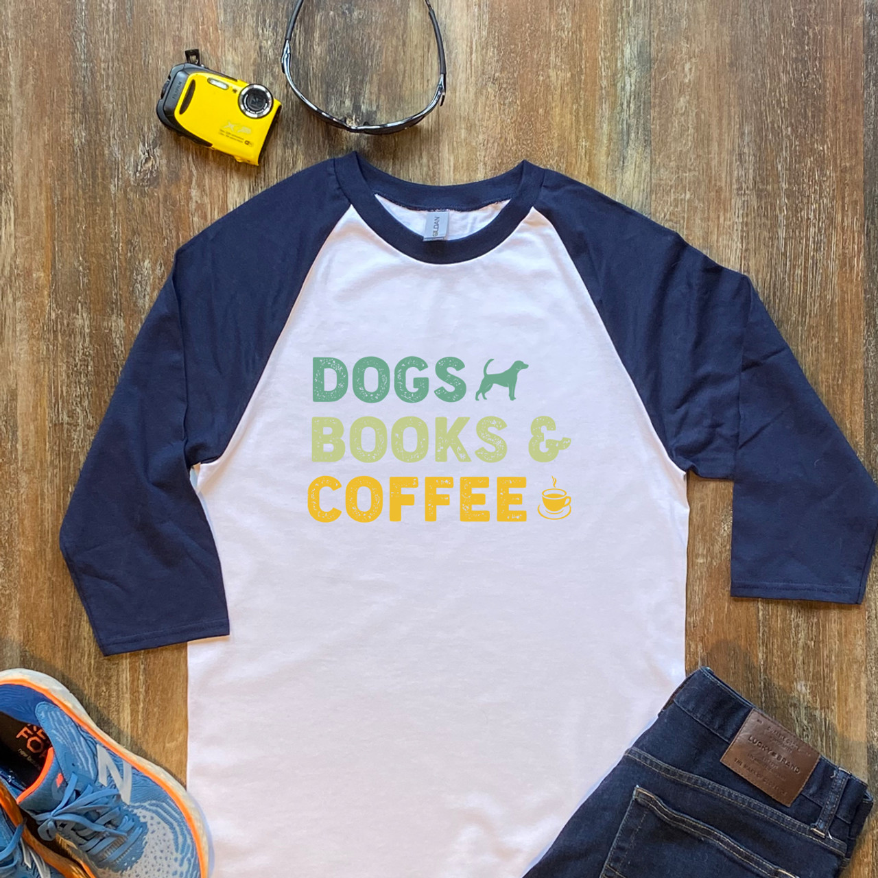 Navy Dogs Books & Coffee Unisex 3/4 Sleeve Raglan Shirt Gildan 5700