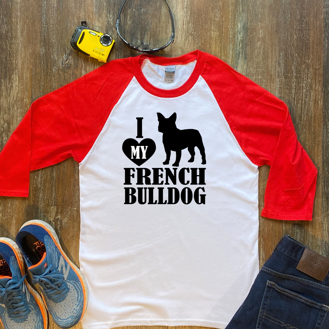 Red I love My French Bulldog  Unisex 3/4 Sleeve Raglan Shirt Gildan 5700