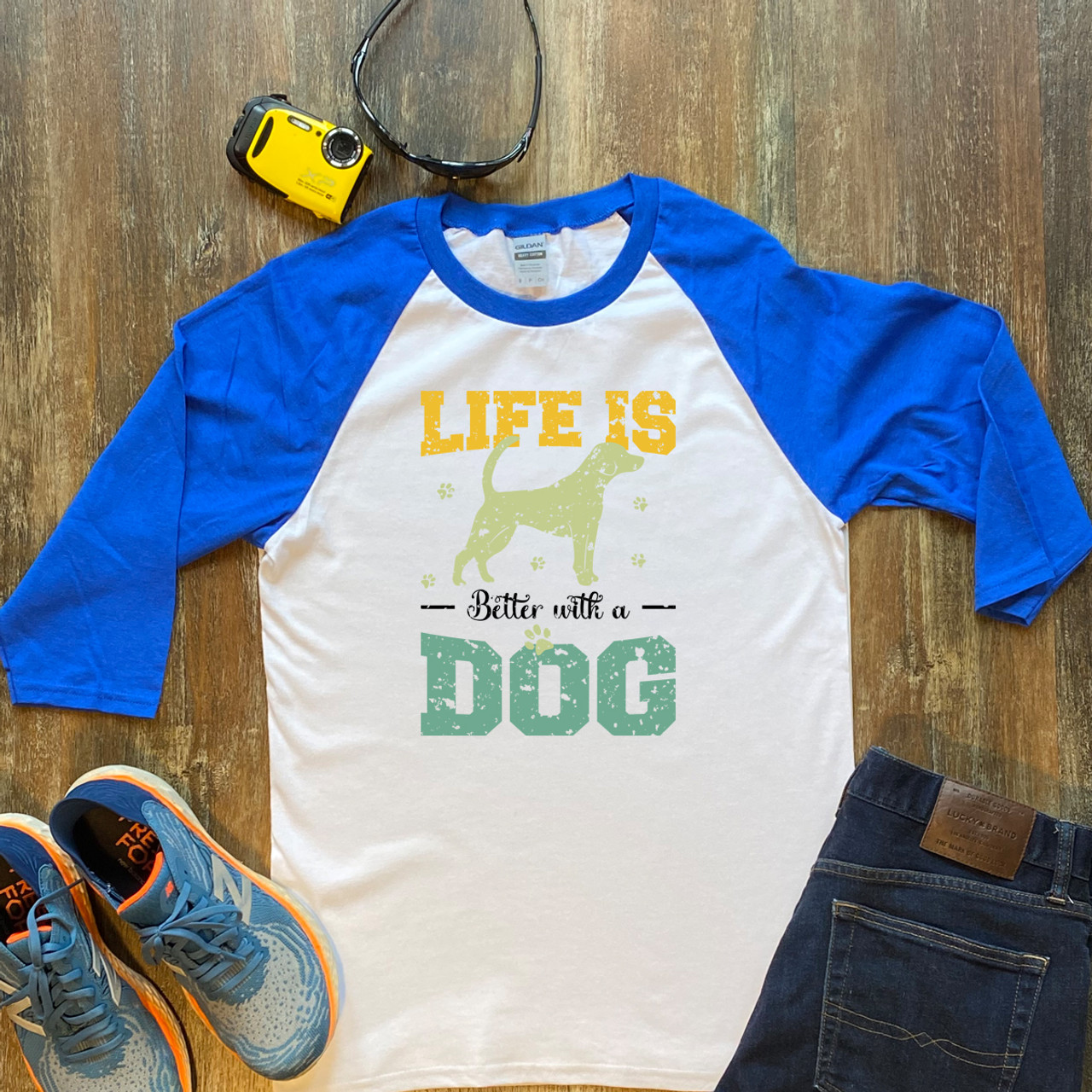 Blue Life Is Better With A Dog  Unisex 3/4 Sleeve Raglan Shirt Gildan 5700