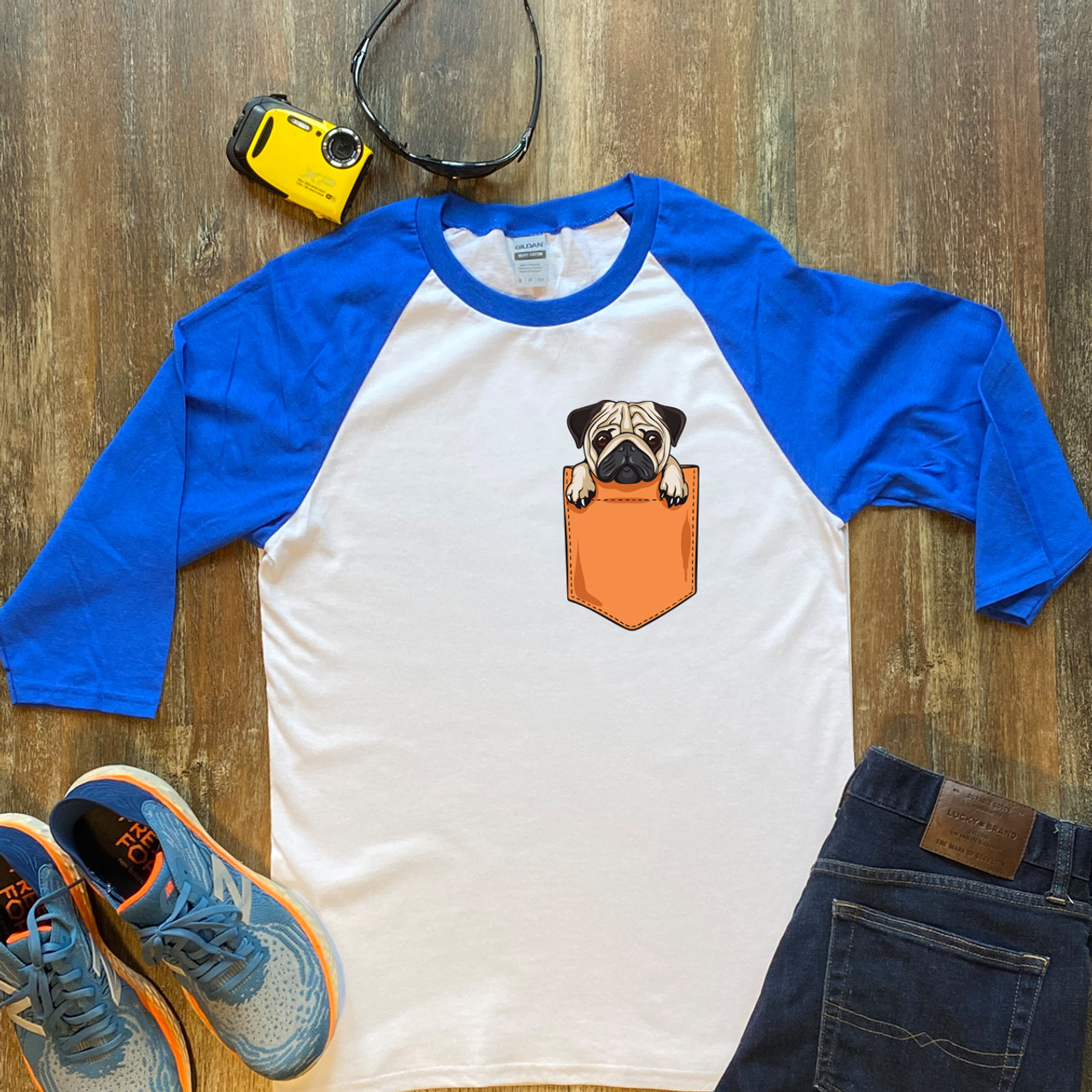 Blue Pug Pocket  Unisex 3/4 Sleeve Raglan Shirt Gildan 5700