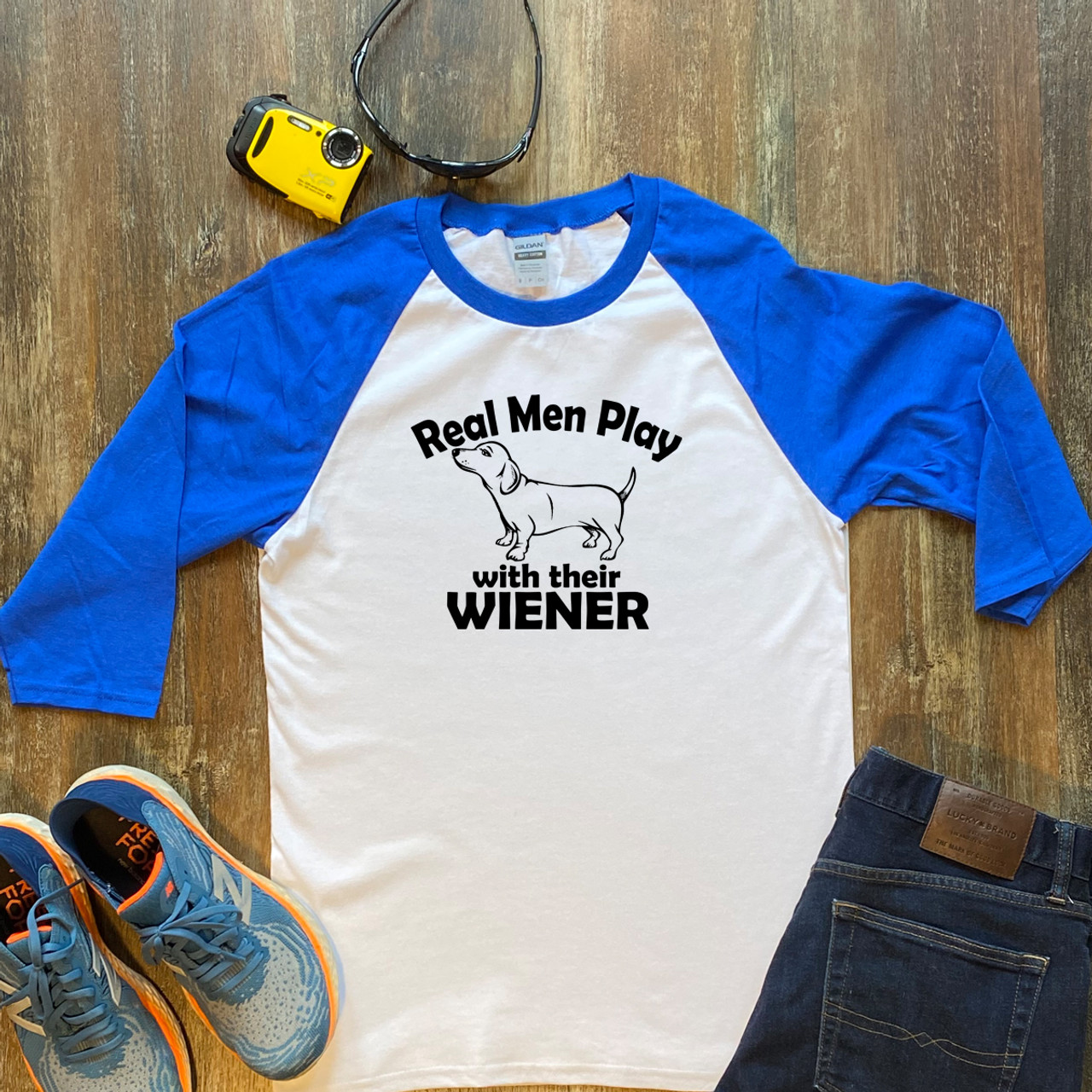 Blue Real Men Play With Their Wiener  Unisex 3/4 Sleeve Raglan Shirt Gildan 5700