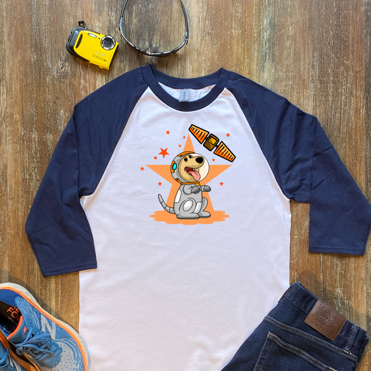 Navy   Satellite Star Dog  Unisex 3/4 Sleeve Raglan Shirt Gildan 5700