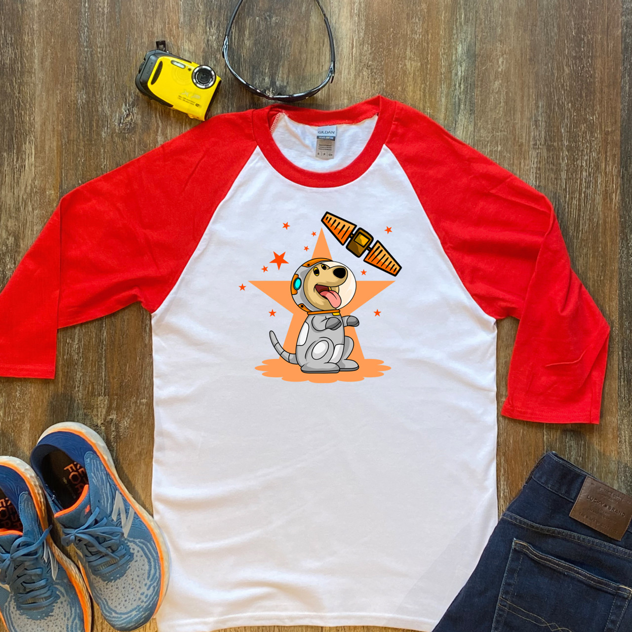 Red   Satellite Star Dog  Unisex 3/4 Sleeve Raglan Shirt Gildan 5700