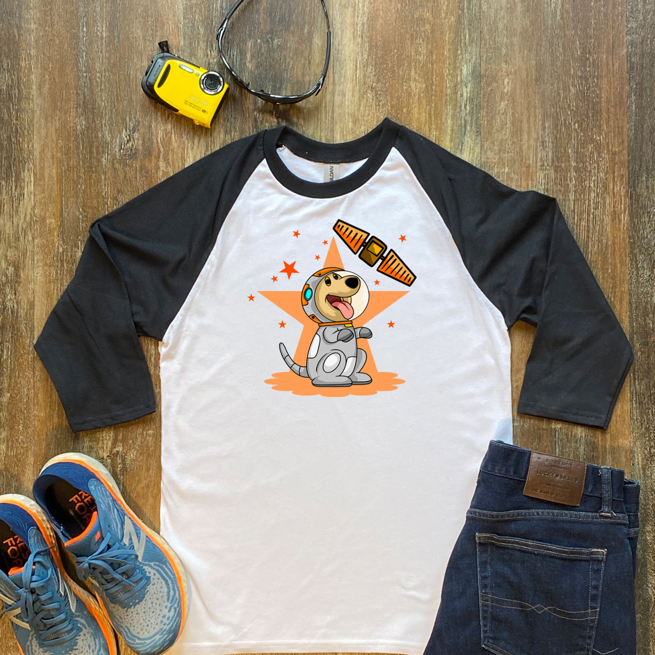 Black   Satellite Star Dog  Unisex 3/4 Sleeve Raglan Shirt Gildan 5700