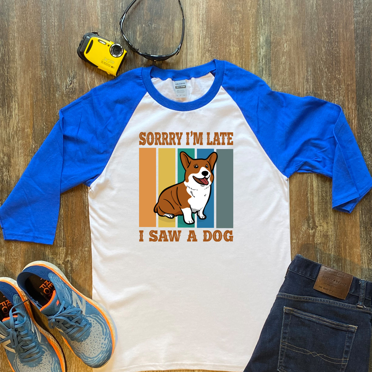 Blue Sorry I'm Late I Saw A Dog Unisex 3/4 Sleeve Raglan Shirt Gildan 5700