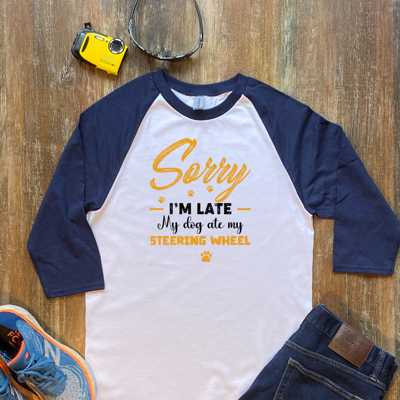 Navy Sorry I'm Late My Dog Ate My Steering Wheel Unisex 3/4 Sleeve Raglan Shirt Gildan 5700