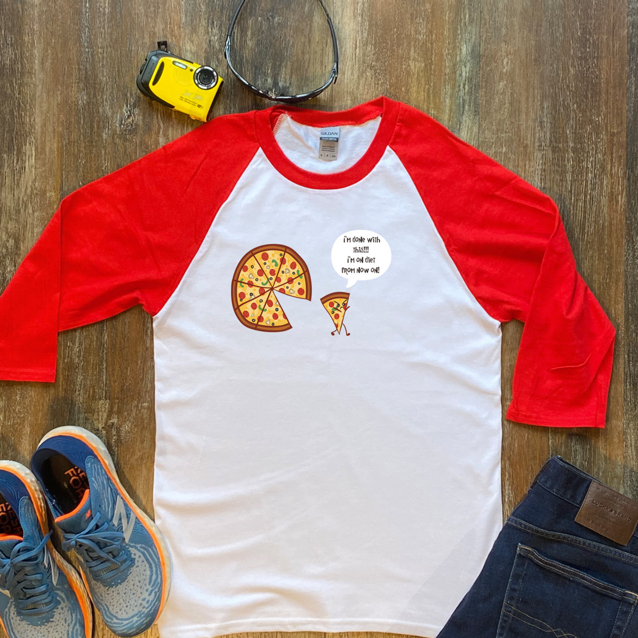 Red Angry Pizza  Unisex 3/4 Sleeve Raglan Shirt Gildan 5700