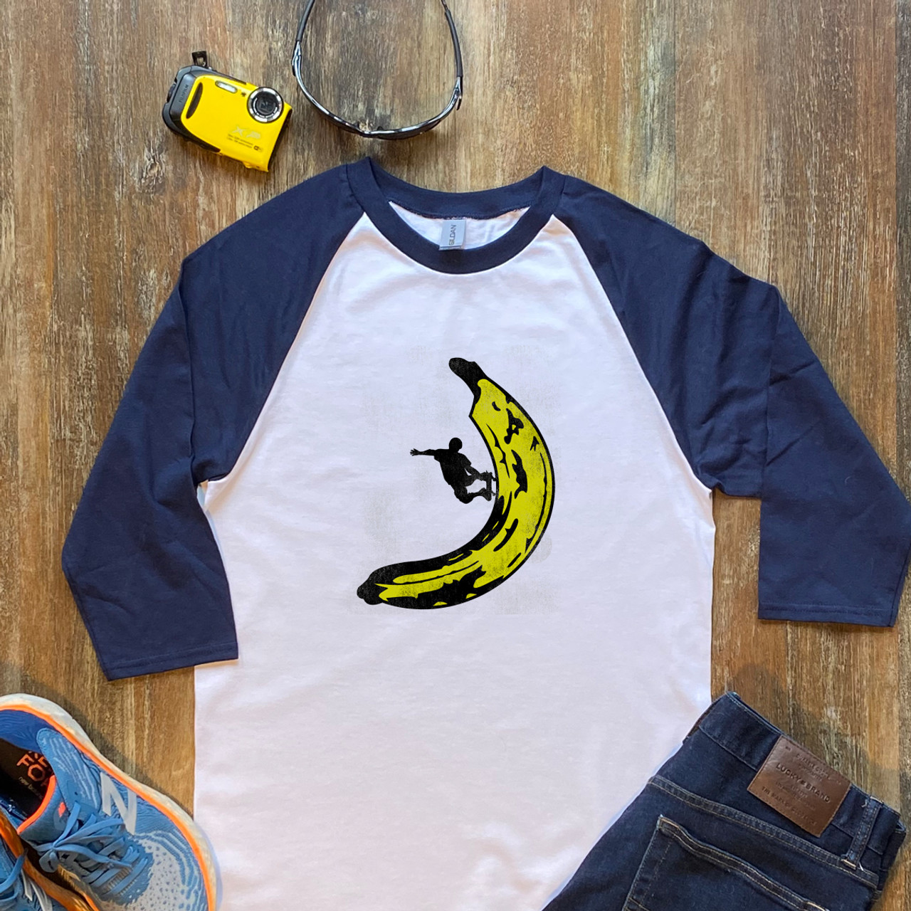 Navy Banana Skateboard Unisex 3/4 Sleeve Raglan Shirt Gildan 5700
