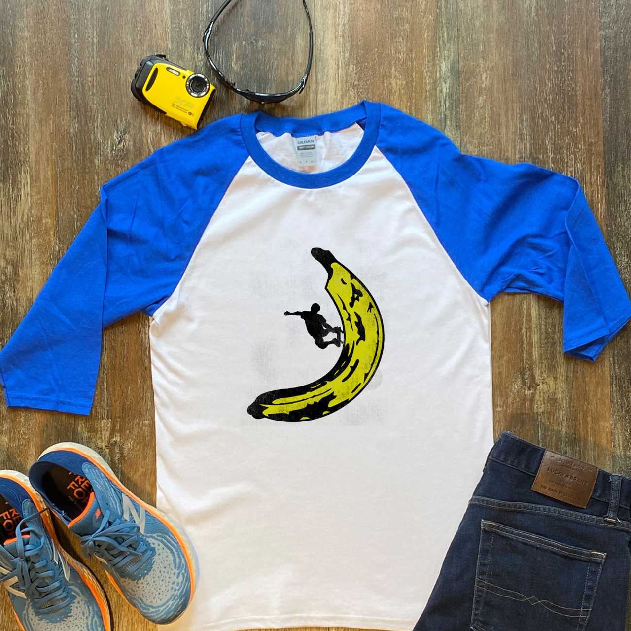 Blue Banana Skateboard Unisex 3/4 Sleeve Raglan Shirt Gildan 5700
