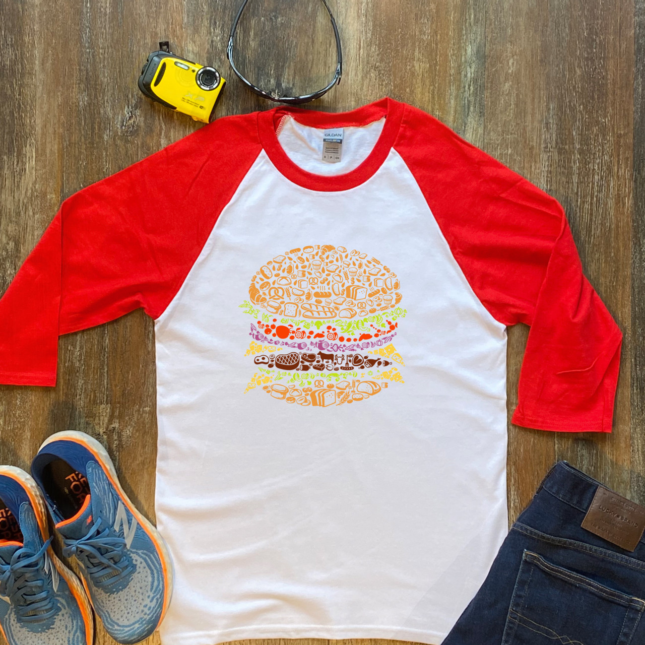 Red Burger Unisex 3/4 Sleeve Raglan Shirt Gildan 5700