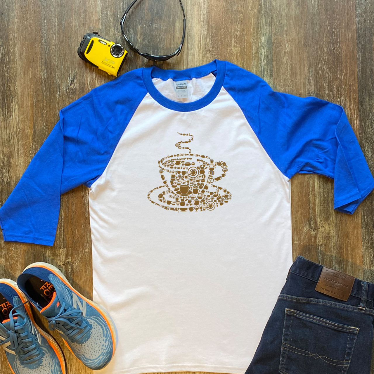 Blue Coffee Cup Unisex 3/4 Sleeve Raglan Shirt Gildan 5700