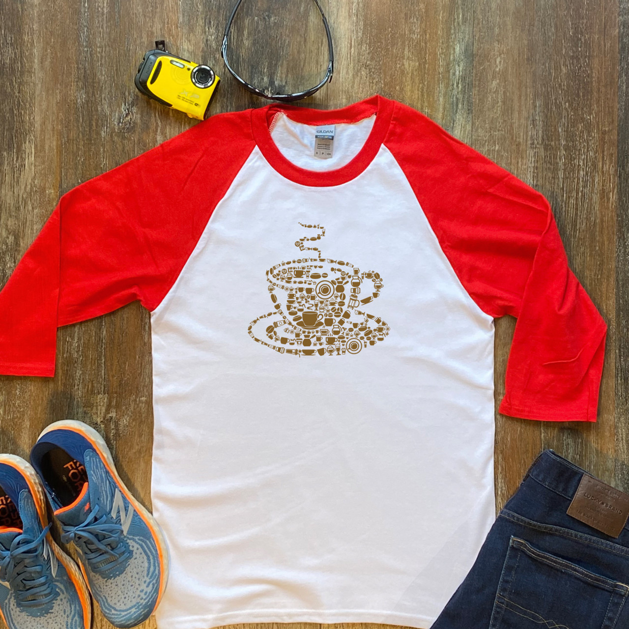 Red Coffee Cup Unisex 3/4 Sleeve Raglan Shirt Gildan 5700