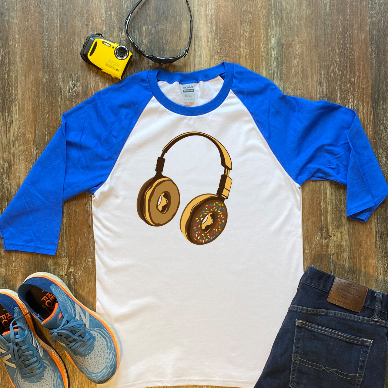 Blue Headphone Donut  Unisex 3/4 Sleeve Raglan Shirt Gildan 5700
