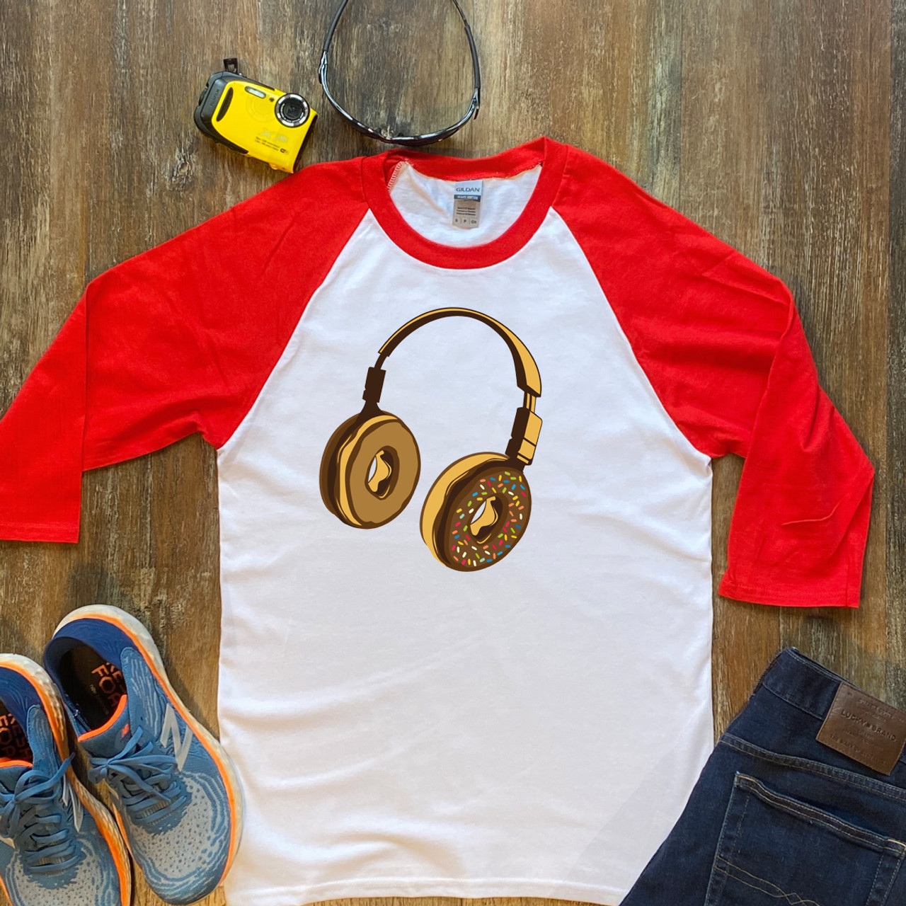 Red Headphone Donut  Unisex 3/4 Sleeve Raglan Shirt Gildan 5700