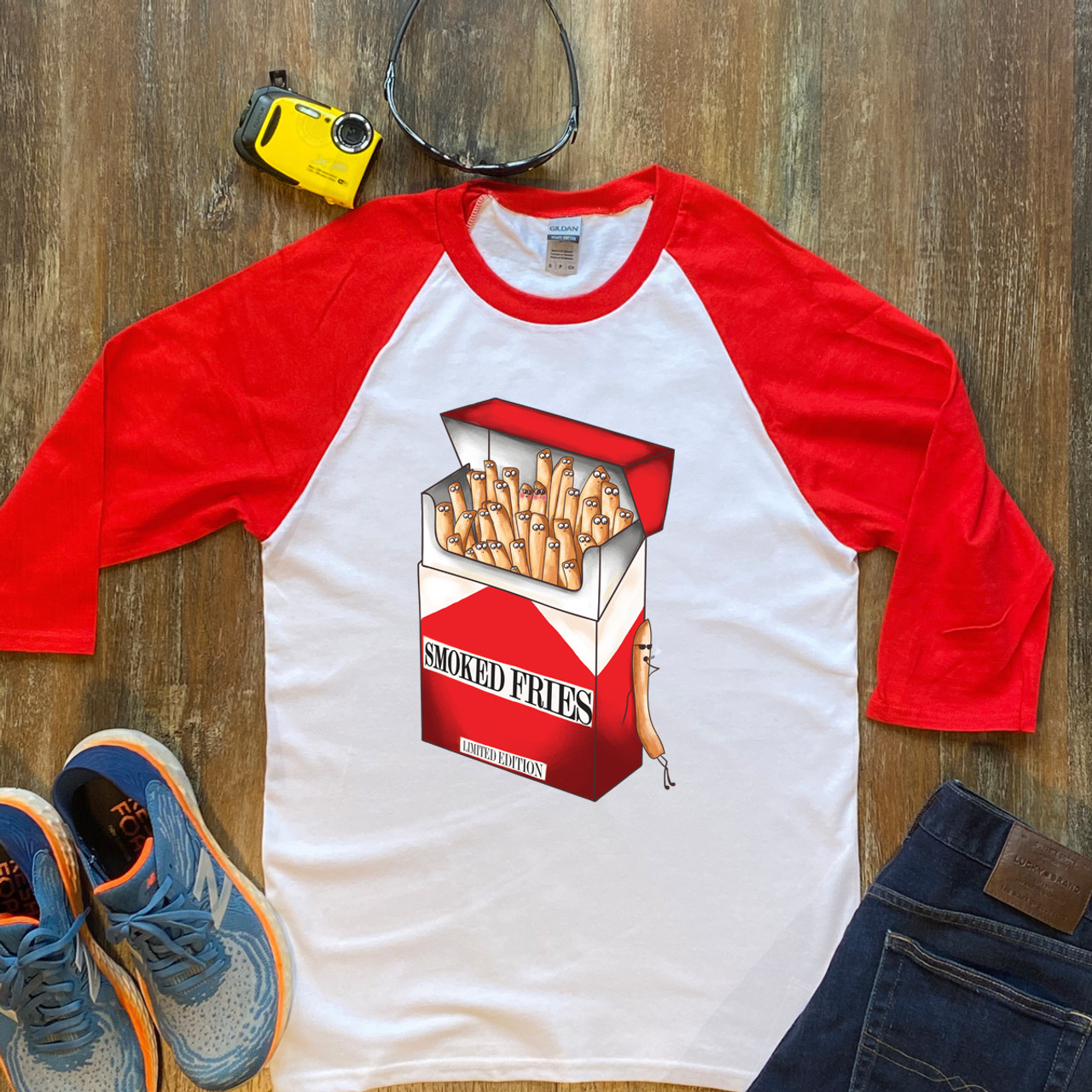 Red Smoked Fries  Unisex 3/4 Sleeve Raglan Shirt Gildan 5700