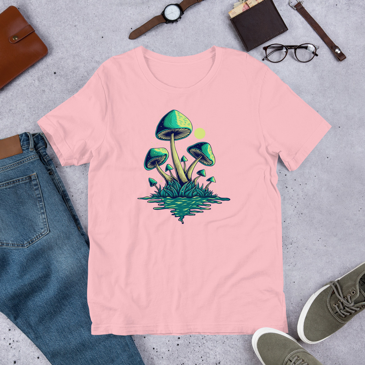 Pink Mushroom Island Unisex Staple T-Shirt - Bella + Canvas 3001