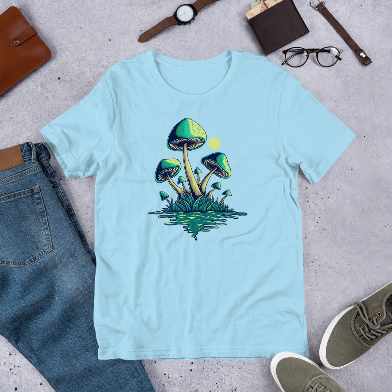 Ocean Blue Mushroom Island Unisex Staple T-Shirt - Bella + Canvas 3001