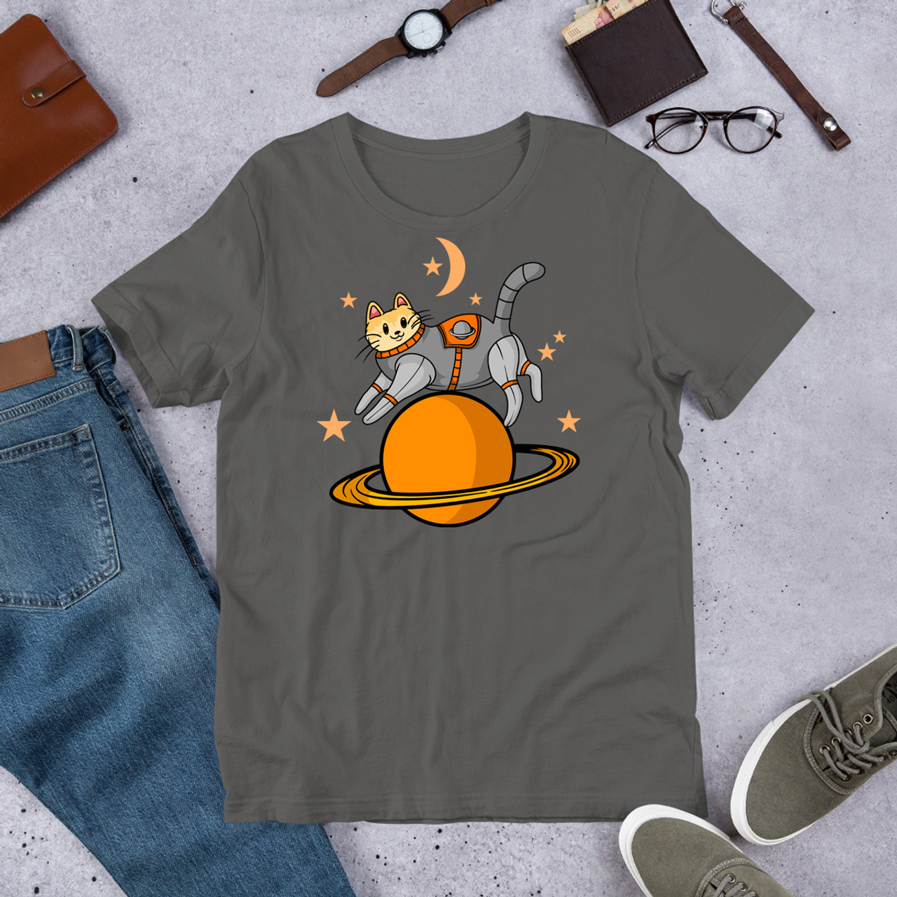 Asphalt Tabby Cat on Orange Planet Unisex Staple T-Shirt - Bella + Canvas 3001