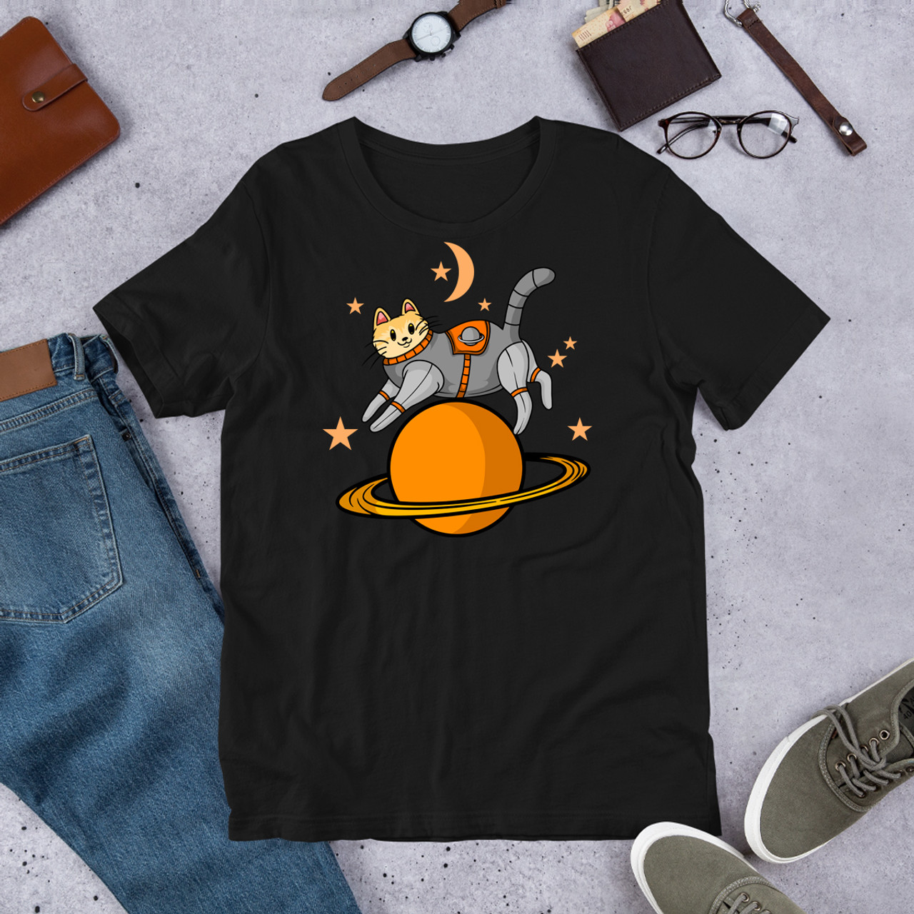 Black Tabby Cat on Orange Planet Unisex Staple T-Shirt - Bella + Canvas 3001