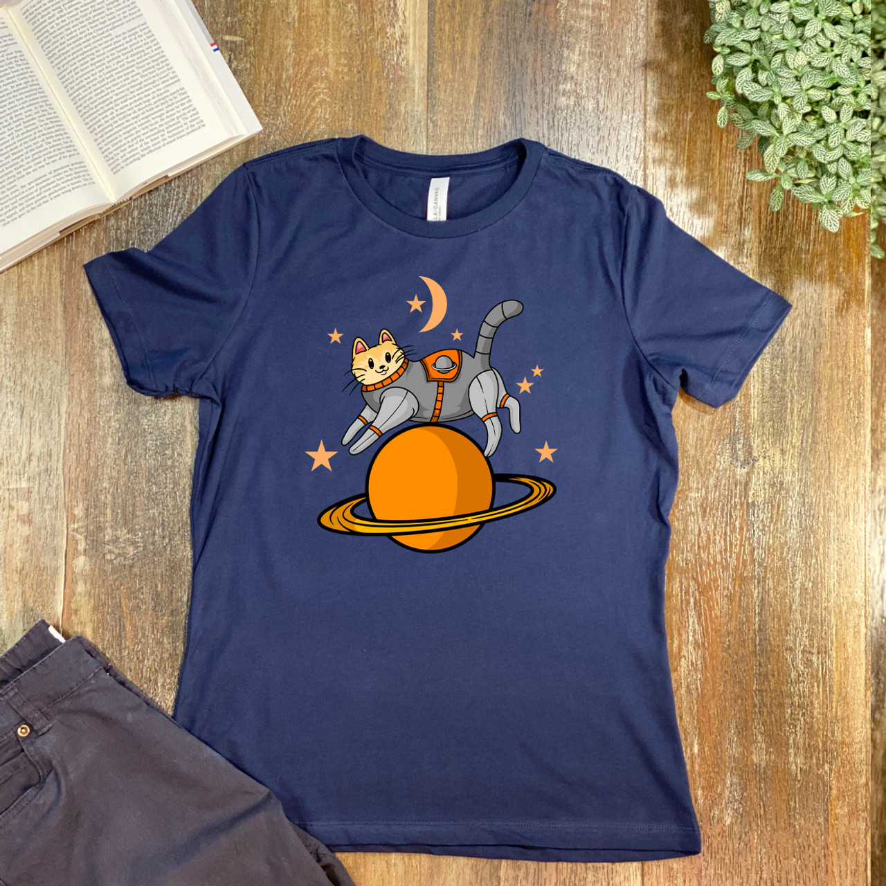 Navy Tabby Cat on Orange Planet Women's Relaxed T-Shirt - Bella + Canvas 6400