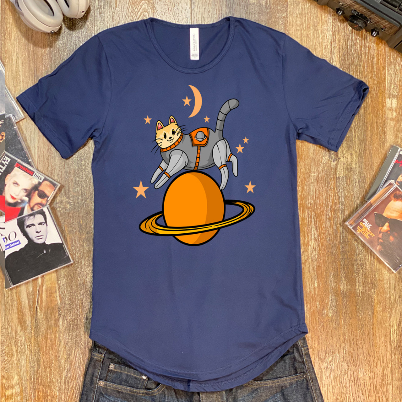 Navy Tabby Cat on Orange Planet Curved Hem Tee - Bella + Canvas 3003