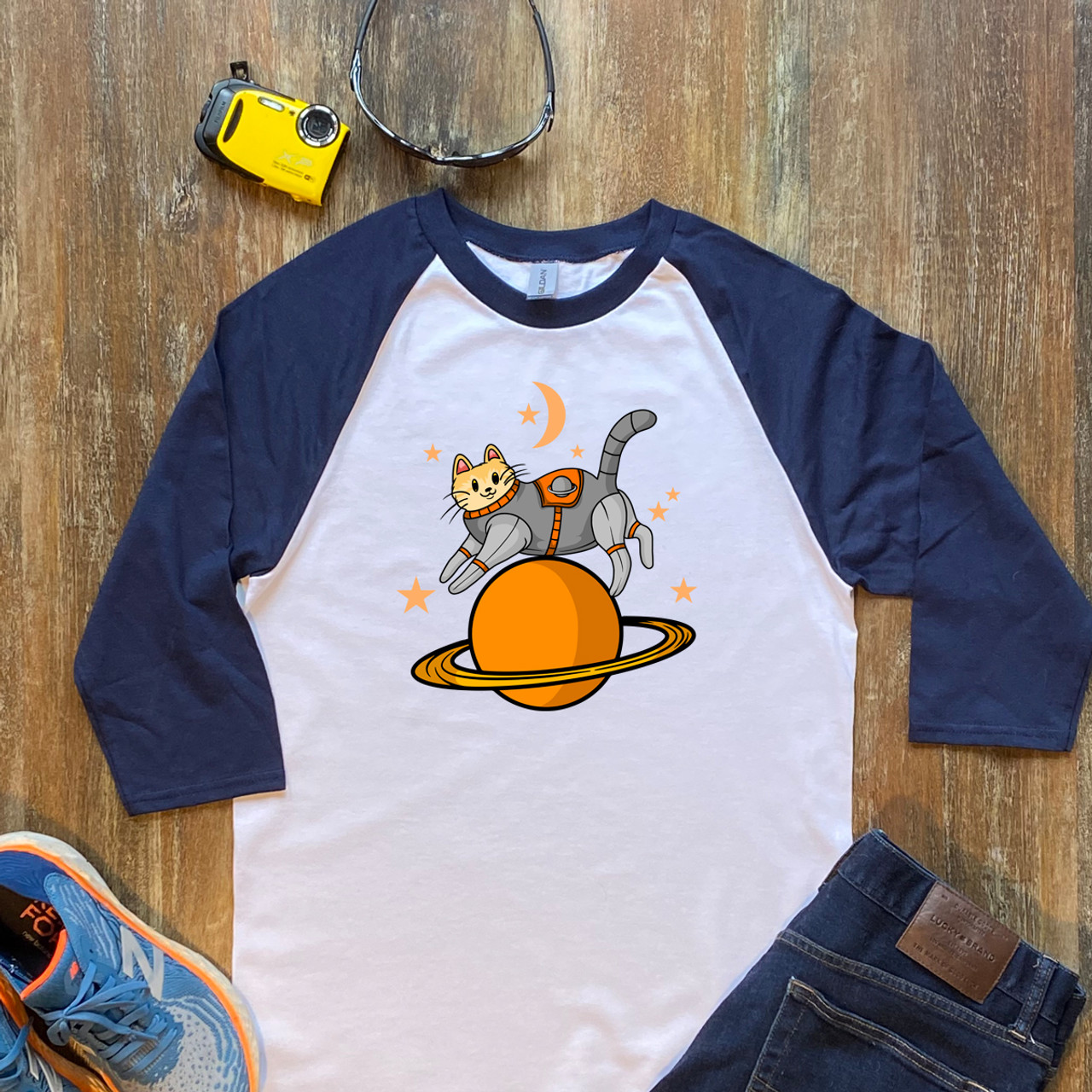 Navy/White Tabby Cat on Orange Planet  Unisex 3/4 Sleeve Raglan Shirt Gildan 5700