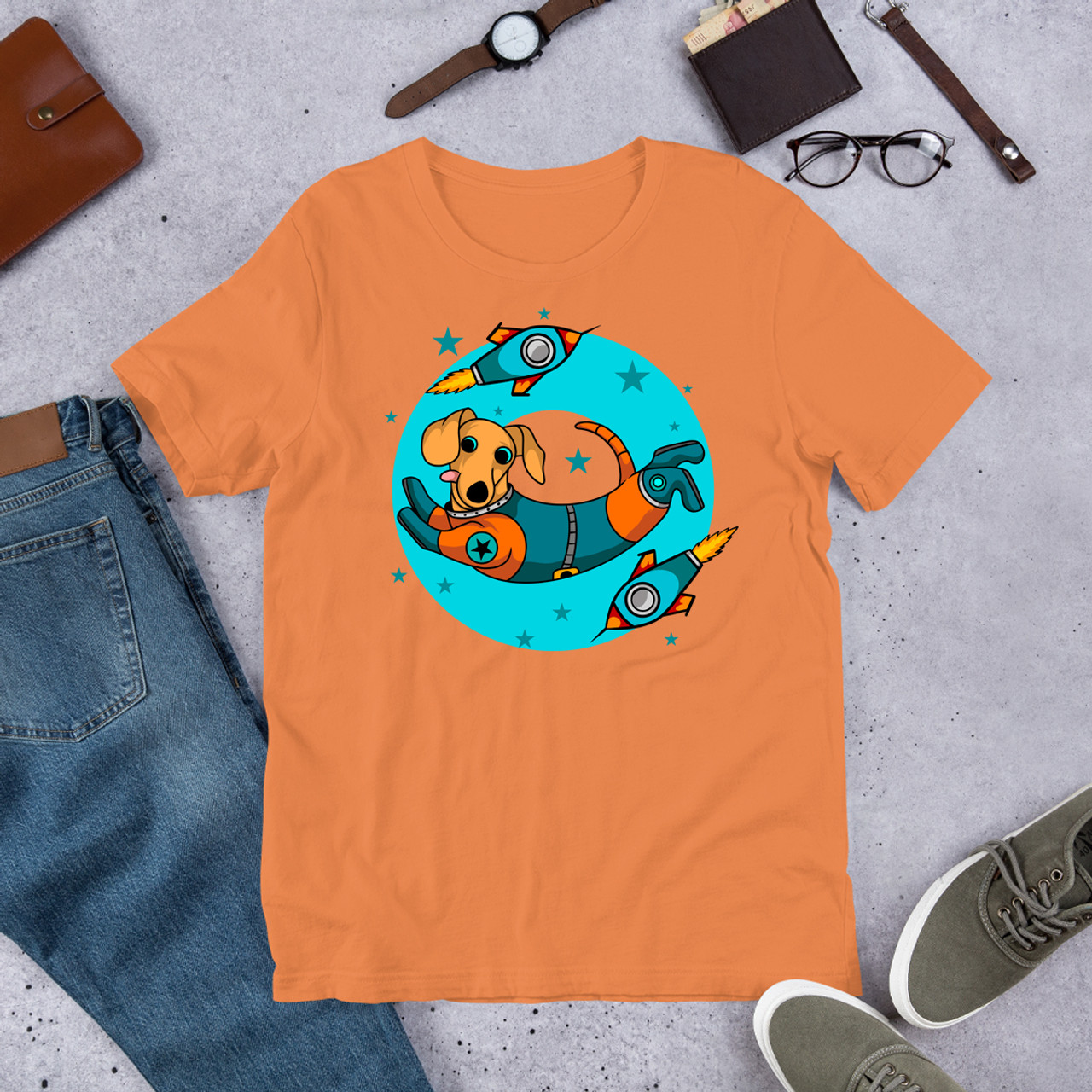 Burnt Orange Blue Ring Space Dachshund  Unisex Staple T-Shirt - Bella + Canvas 3001