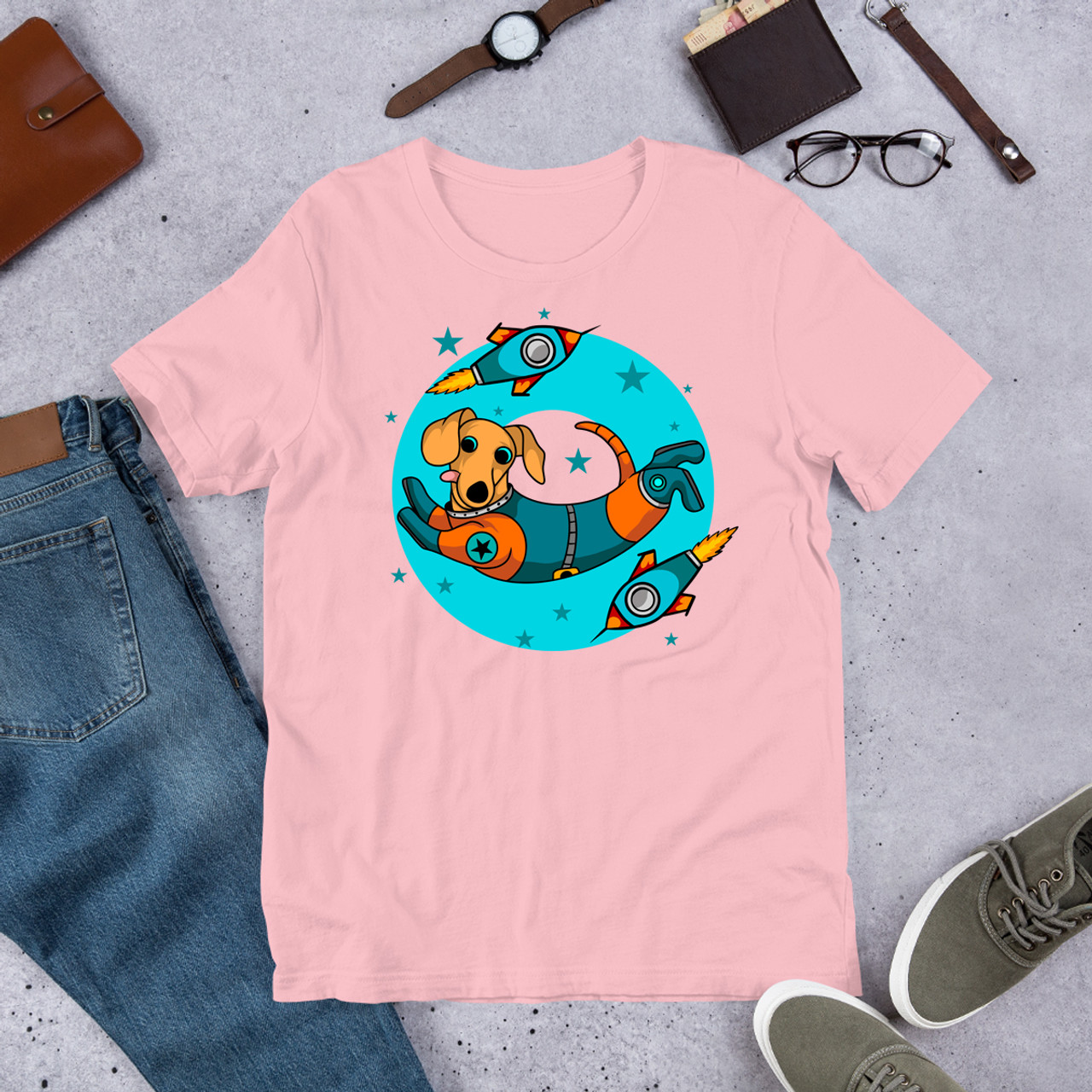 Pink Blue Ring Space Dachshund  Unisex Staple T-Shirt - Bella + Canvas 3001