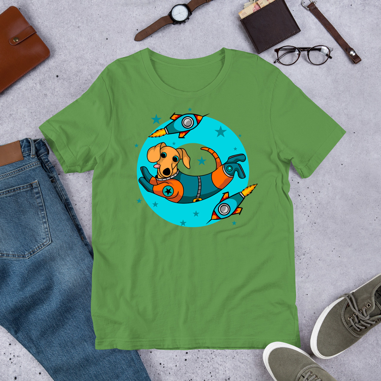 Leaf Blue Ring Space Dachshund  Unisex Staple T-Shirt - Bella + Canvas 3001