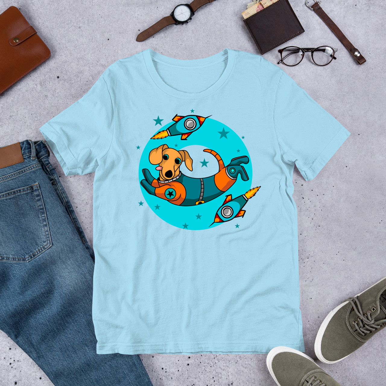 Ocean Blue Blue Ring Space Dachshund  Unisex Staple T-Shirt - Bella + Canvas 3001