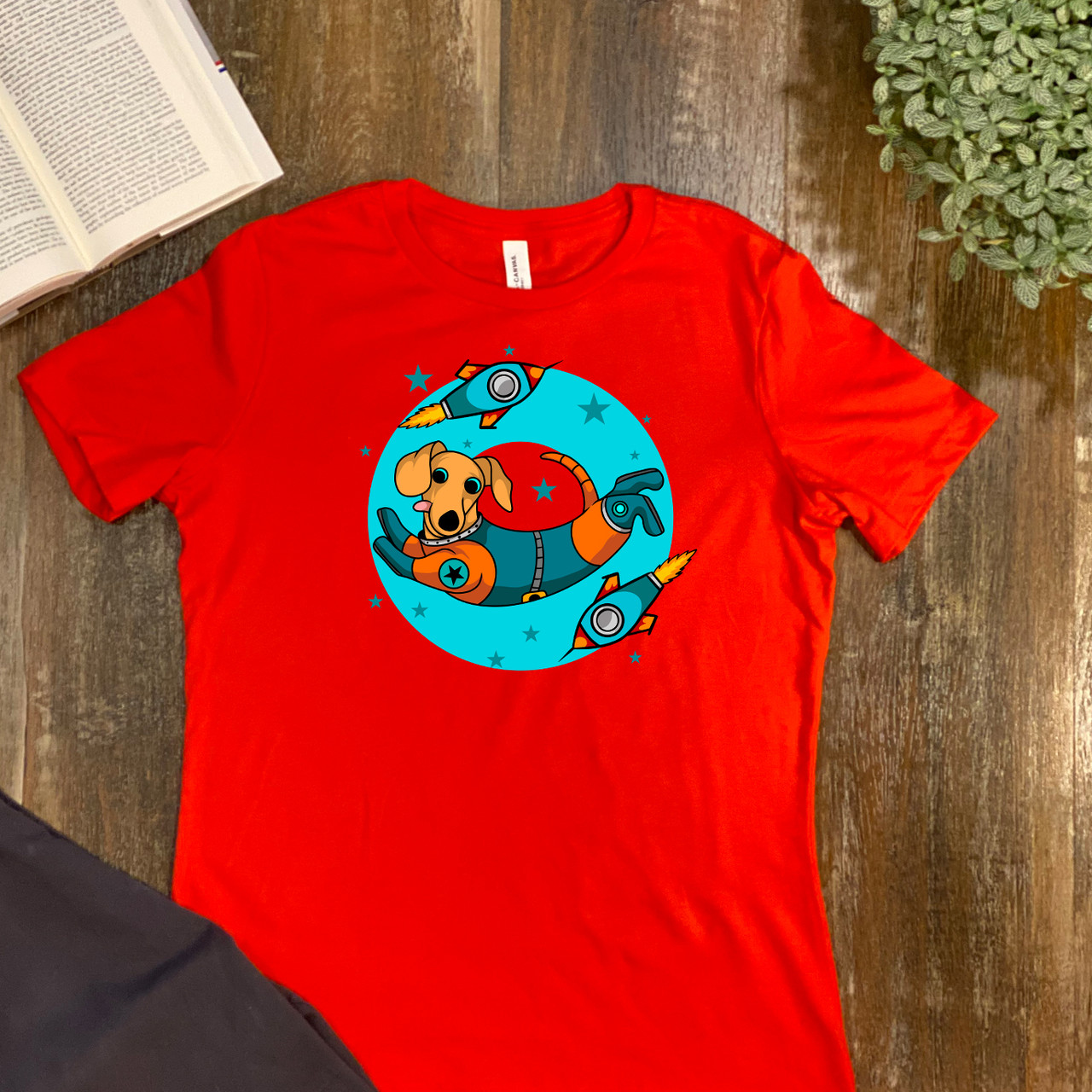 Poppy Blue Ring Space Dachshund  Women's Relaxed T-Shirt - Bella + Canvas 6400