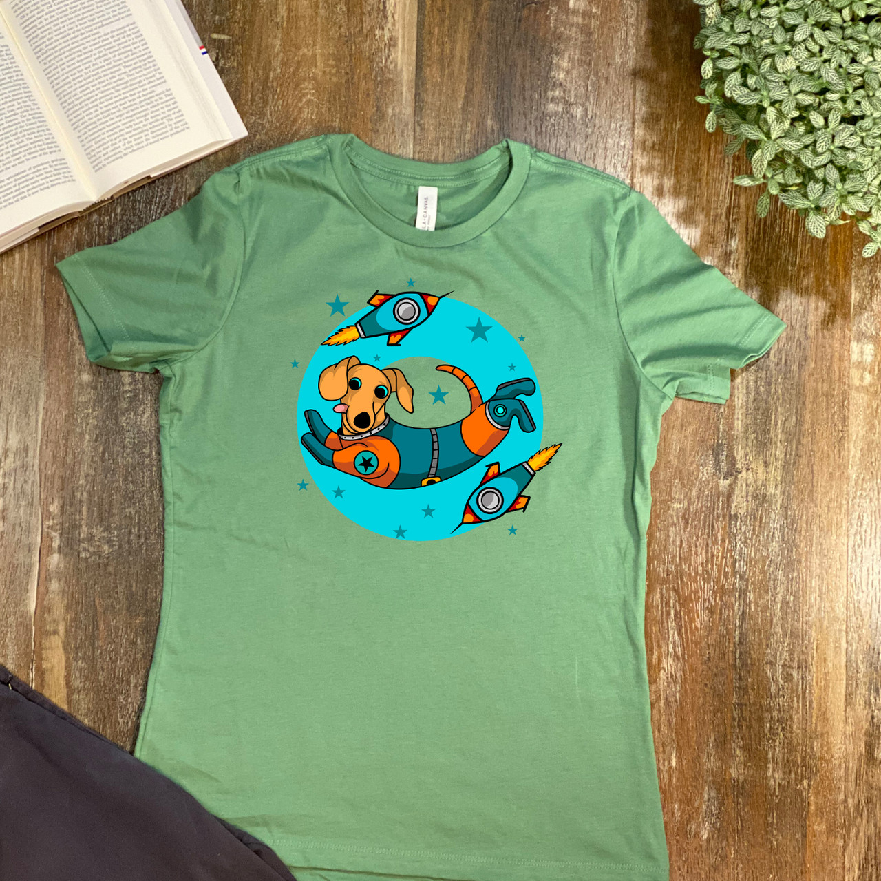 Leaf Blue Ring Space Dachshund  Women's Relaxed T-Shirt - Bella + Canvas 6400