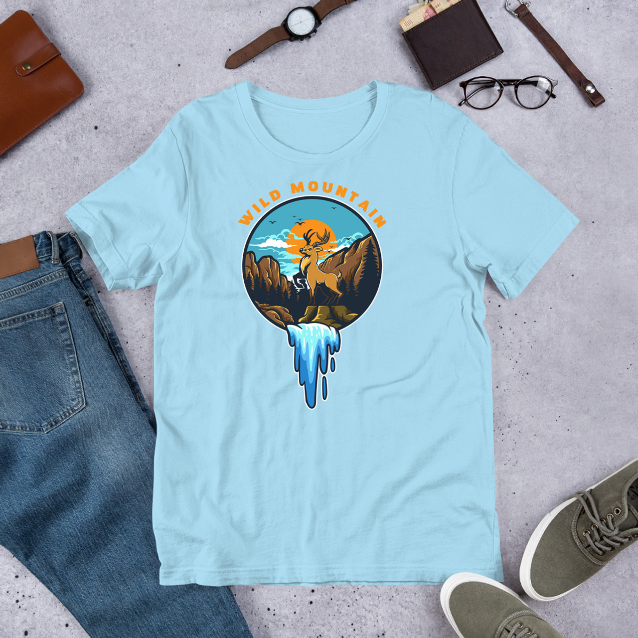 Ocean Blue Wild Mountain Unisex Staple T-Shirt - Bella + Canvas 3001