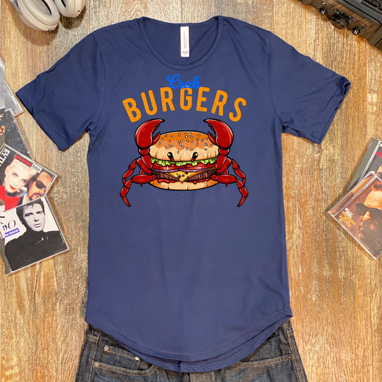Navy Crab Burger Curved Hem Tee - Bella + Canvas 3003