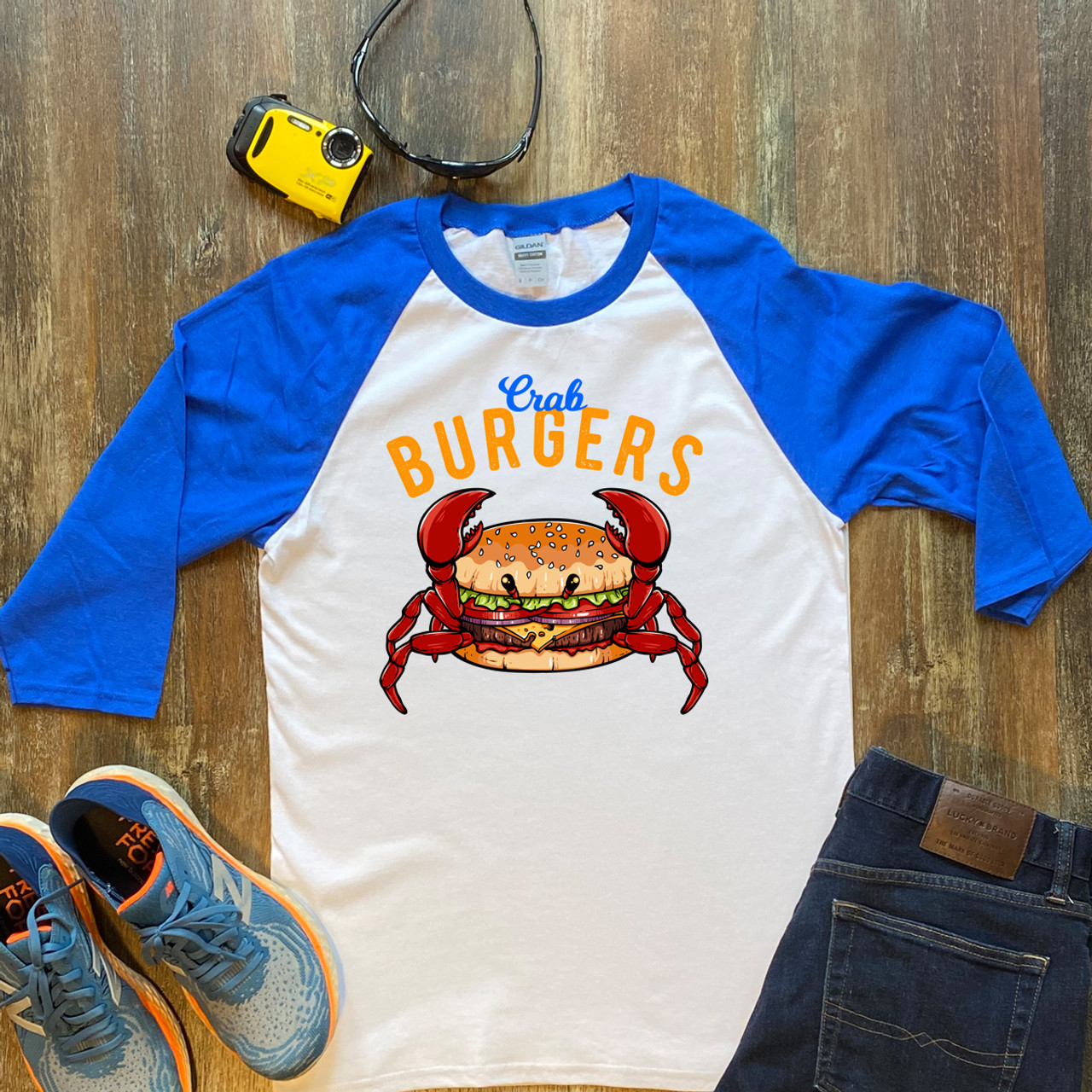 Blue Crab Burger  Unisex 3/4 Sleeve Raglan Shirt Gildan 5700