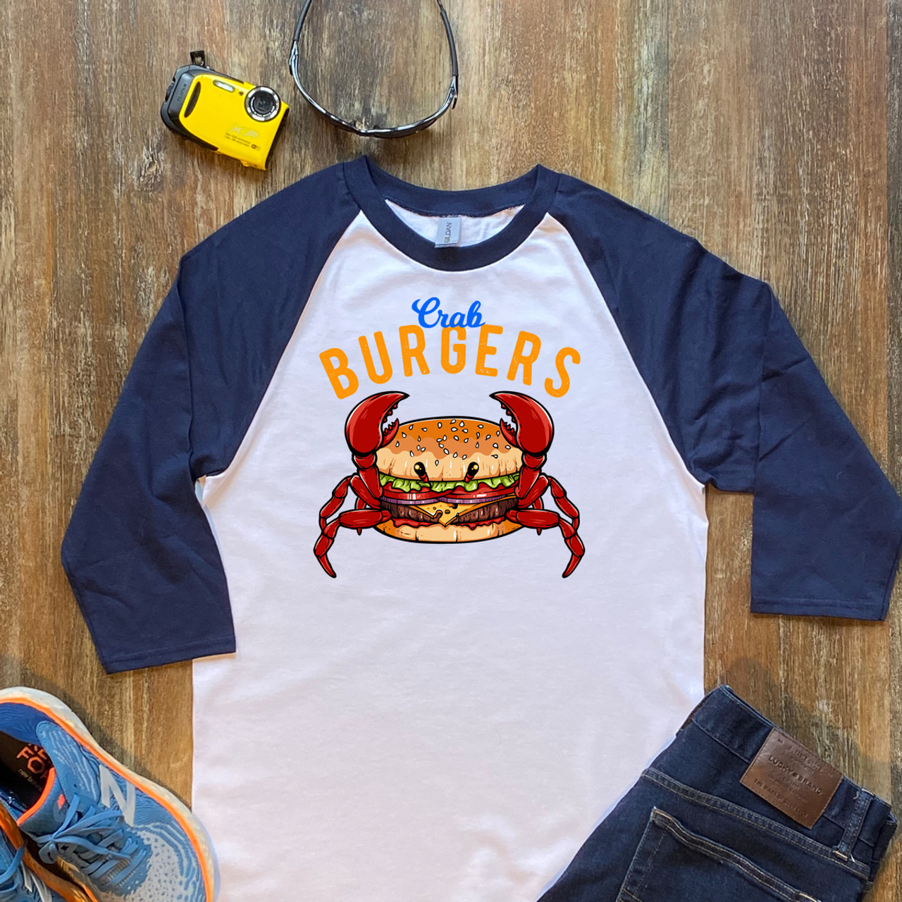 Navy Crab Burger  Unisex 3/4 Sleeve Raglan Shirt Gildan 5700